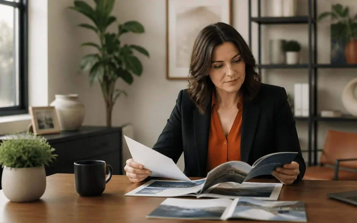 Agent reviewing carrier materials at a modern agency desk